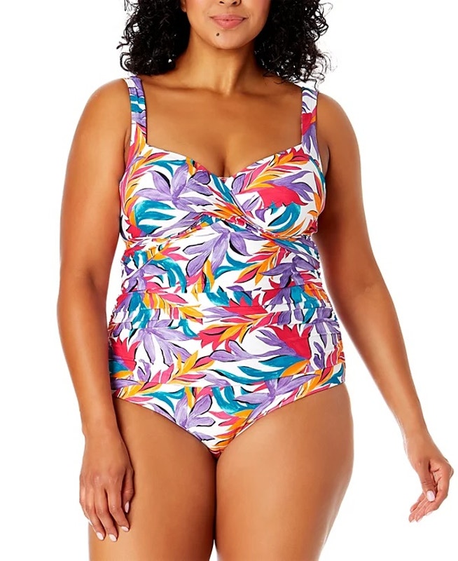 Anne Cole Plus Size Printed Shirred One-Piece Swimsuit In Multi Palm Print